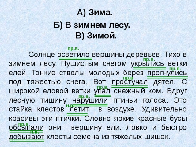 А) Зима. Б) В зимнем лесу. В) Зимой. пр.в.  Солнце осветило вершины деревьев. Тихо в зимнем лесу. Пушистым снегом укрылись ветки елей. Тонкие стволы молодых берёз прогнулись под тяжестью снега. Вот простучал дятел. С широкой еловой ветки упал снежный ком. Вдруг лесную тишину нарушили птичьи голоса. Это стайка клестов летит в воздухе. Удивительно красивы эти птички. Словно яркие красные бусы обсыпали они вершину ели. Ловко и быстро добывают клесты семена из тяжёлых шишек. пр.в . пр.в. пр.в пр.в. пр.в. н.в. пр.в. н.в.