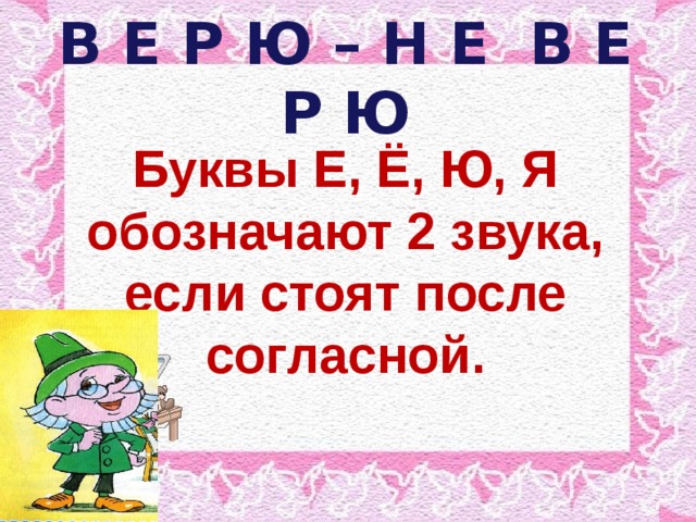 В Е Р Ю – Н Е В Е Р Ю Буквы Е, Ё, Ю, Я обозначают 2 звука, если стоят после согласной.