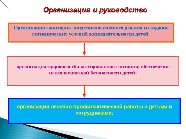 Организация санитарно-эпидемиологического режима и создание гигиенических условий жизнедеятельности детей; организация здорового сбалансированного питания; обеспечение психологической безопасности детей; организация лечебно-профилактической работы с детьми и сотрудниками;