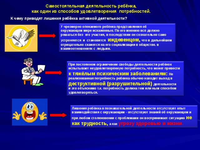 Самостоятельная деятельность ребёнка,  как один из способов удовлетворения потребностей. К чему приводят лишения ребёнка активной деятельности? У чрезмерно опекаемого ребёнка представления об окружающем мире искаженные. По его мнению всё должно решаться без его участия, в последствии он сознательно само устроняется и становится  иждевенцом , что в дальнейшем отрицательно скажется на его социализации в обществе. в взаимоотношениях с людьми. При постоянном ограничении свободы деятельности ребёнок испытывает неудовлетворённую потребность, что может привести к тяжёлым психическим заболеваниям: Не реализованная потребность ребенка обычно находит выход в деструктивной (разрушительной) деятельности и это объяснимо т.к. потребность должна тем или ным способом удовлетворяться. Лишения ребёнка в познавательной деятельности отсутствует опыт взаимодействия с окружающим - отсутствуют знаний об окружающем и при любом столкновении с проблемами он воспринимает ситуацию не как трудность, а как угрозу здоровью и жизни .