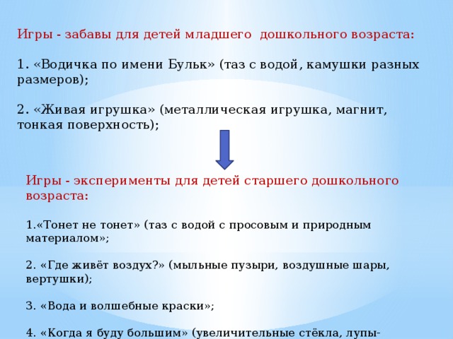 Игры - забавы для детей младшего дошкольного возраста: 1. «Водичка по имени Бульк» (таз с водой, камушки разных размеров); 2. «Живая игрушка» (металлическая игрушка, магнит, тонкая поверхность); Игры - эксперименты для детей старшего дошкольного возраста: 1.«Тонет не тонет» (таз с водой с просовым и природным материалом»; 2. «Где живёт воздух?» (мыльные пузыри, воздушные шары, вертушки); 3. «Вода и волшебные краски»; 4. «Когда я буду большим» (увеличительные стёкла, лупы- рассматривание частей тела)