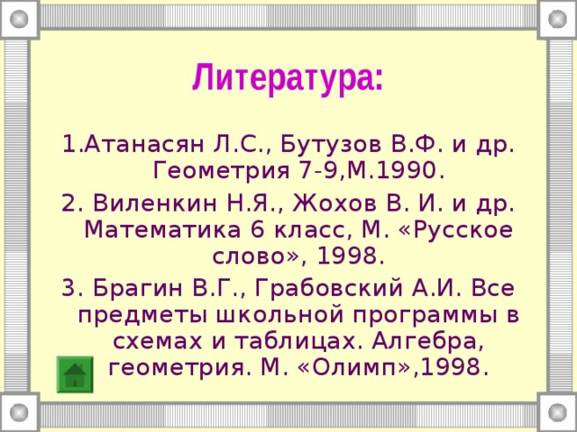 Литература: 1.Атанасян Л.С., Бутузов В.Ф. и др. Геометрия 7-9,М.1990. 2. Виленкин Н.Я., Жохов В. И. и др. Математика 6 класс, М. «Русское слово», 1998. 3. Брагин В.Г., Грабовский А.И. Все предметы школьной программы в схемах и таблицах. Алгебра, геометрия. М. «Олимп»,1998.