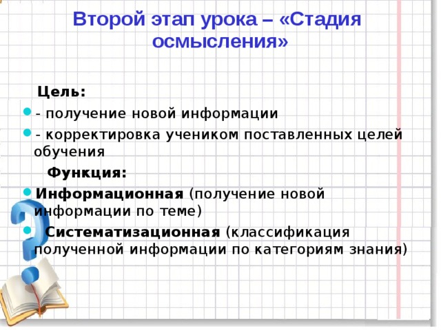 Второй этап урока – «Стадия осмысления»     Цель: - получение новой информации - корректировка учеником поставленных целей обучения  Функция: