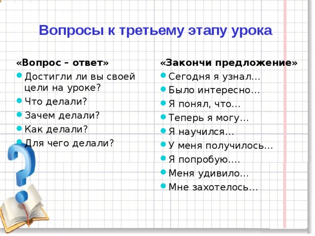 Вопросы к третьему этапу урока  «Вопрос – ответ» «Закончи предложение»