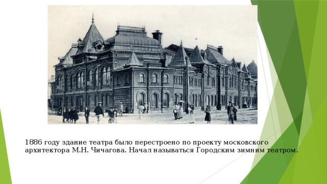 1886 году здание театра было перестроено по проекту московского архитектора М.Н. Чичагова. Начал называться Городским зимним театром.