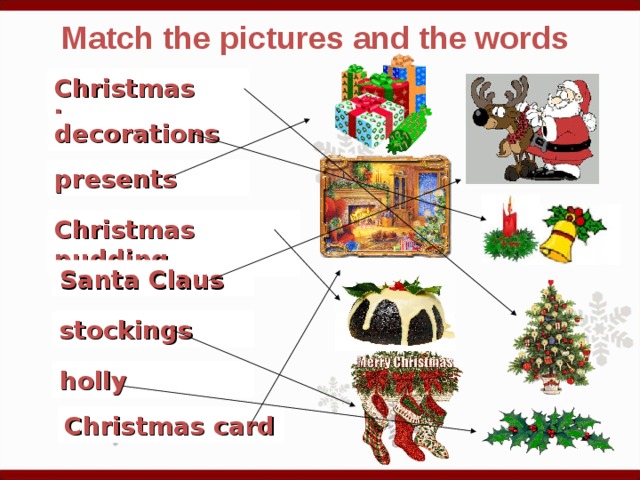 Match the pictures and the words  Christmas tree decorations presents Christmas pudding Santa Claus stockings holly Christmas card