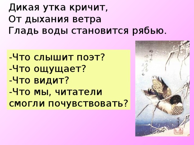 Дикая утка кричит, От дыхания ветра Гладь воды становится рябью. -Что слышит поэт? -Что ощущает? -Что видит? -Что мы, читатели смогли почувствовать?