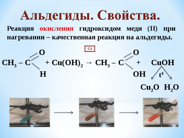 Реакция окисления гидроксидом меди (II) при нагревании – качественная реакция на альдегиды. O O СН 3 – С + Cu(OH) 2 → СН 3 – С + CuOH OH H t 0 Cu 2 O H 2 O
