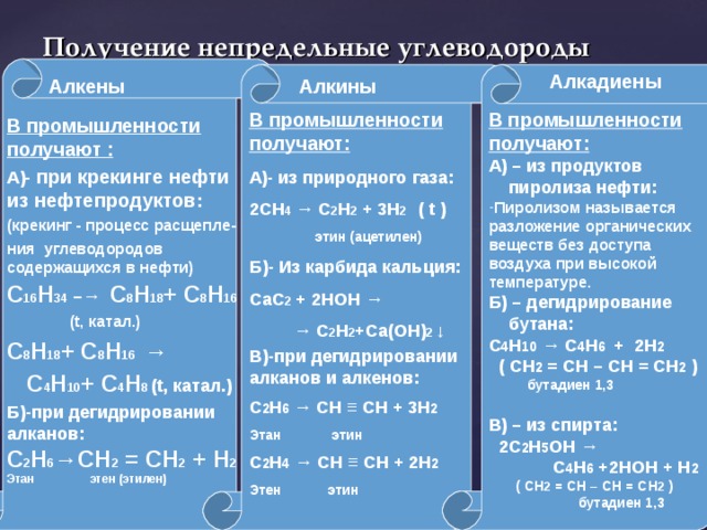 Получение непредельные углеводороды   Алкадиены Алкены Алкины В промышленности получают: А)- из природного газа: 2СН 4  → С 2 Н 2 + 3Н 2   ( t )  этин (ацетилен) Б)- Из карбида кальция: СаС 2 + 2НОН → → С 2 Н 2 +Са(ОН) 2 ↓ В)-при дегидрировании алканов и алкенов: С 2 Н 6 → СН ≡ СН + 3Н 2 Этан этин С 2 Н 4 → СН ≡ СН + 2Н 2 Этен этин  В промышленности получают: А) – из продуктов  пиролиза нефти: Пиролизом называется разложение органических веществ без доступа воздуха при высокой температуре. Б) – дегидрирование  бутана: С 4 Н 10  → С 4 Н 6 + 2Н 2   ( СН 2 = СН – СН = СН 2 )  бутадиен 1,3  В) – из спирта:  2С 2 Н 5 ОН →  С 4 Н 6 +2НОН + Н 2  ( СН 2 = СН – СН = СН 2 )  бутадиен 1,3  В промышленности получают : А)- при крекинге нефти из нефтепродуктов : (крекинг - процесс расщепле- ния углеводородов содержащихся в нефти) С 16 Н 34 – →  С 8 Н 18 + С 8 Н 16  ( t, катал.) С 8 Н 18 + С 8 Н 16 →  С 4 Н 10 + С 4 Н 8 (t, катал.) Б)-при дегидрировании алканов: С 2 Н 6 →СН 2 = СН 2 + Н 2 Этан этен (этилен)