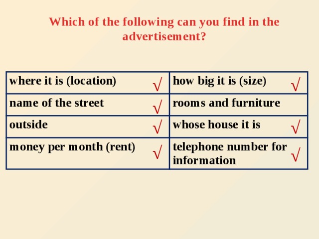 √ √ √ √ √ √ √ Which of the following can you find in the advertisement? where it is (location) how big it is (size) name of the street rooms and furniture outside whose house it is money per month (rent) telephone number for information