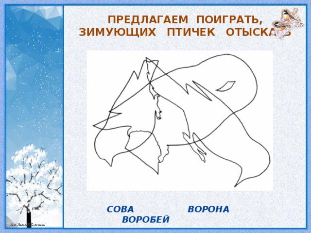 ПРЕДЛАГАЕМ ПОИГРАТЬ, ЗИМУЮЩИХ ПТИЧЕК ОТЫСКАТЬ СОВА ВОРОНА ВОРОБЕЙ