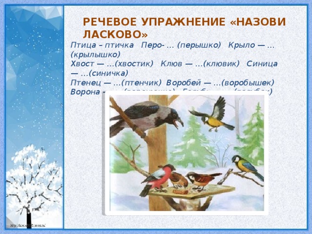 РЕЧЕВОЕ УПРАЖНЕНИЕ «НАЗОВИ ЛАСКОВО» Птица – птичка Перо- … (перышко) Крыло — … (крылышко) Хвост — …(хвостик) Клюв — …(клювик) Синица — …(синичка) Птенец — …(птенчик) Воробей — …(воробышек) Ворона — … (воронушка) Голубь — … (голубок)