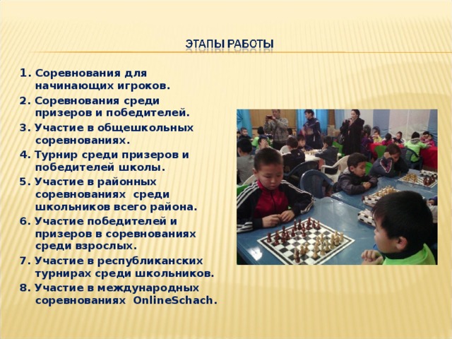 1 . Соревнования для начинающих игроков. 2. Соревнования среди призеров и победителей. 3. Участие в общешкольных соревнованиях. 4. Турнир среди призеров и победителей школы. 5. Участие в районных соревнованиях среди школьников всего района. 6. Участие победителей и призеров в соревнованиях среди взрослых. 7. Участие в республиканских турнирах среди школьников. 8. Участие в международных соревнованиях OnlineSchach.