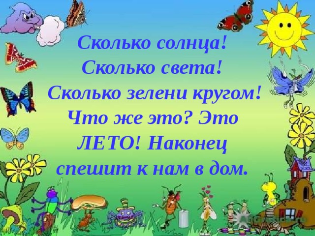 Сколько солнца! Сколько света!  Сколько зелени кругом! Что же это? Это ЛЕТО! Наконец спешит к нам в дом.