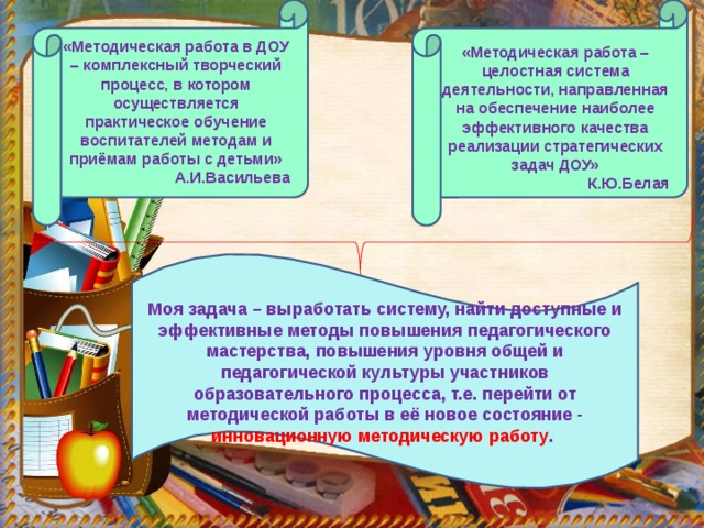 «Методическая работа в ДОУ – комплексный творческий процесс, в котором осуществляется практическое обучение воспитателей методам и приёмам работы с детьми» А.И.Васильева «Методическая работа – целостная система деятельности, направленная на обеспечение наиболее эффективного качества реализации стратегических задач ДОУ» К.Ю.Белая Моя задача – выработать систему, найти доступные и эффективные методы повышения педагогического мастерства, повышения уровня общей и педагогической культуры участников образовательного процесса, т.е. перейти от методической работы в её новое состояние - инновационную методическую работу .