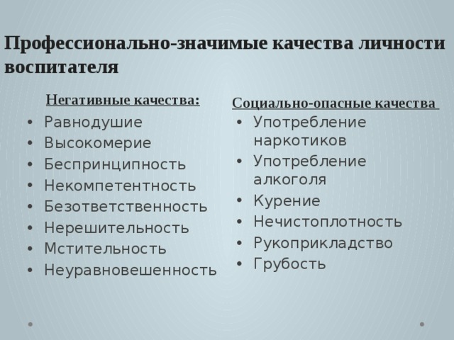 Профессионально-значимые качества личности воспитателя Негативные качества: Социально-опасные качества