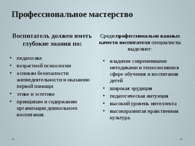 Профессиональное мастерство Воспитатель должен иметь глубокие знания по: Среди профессионально важных качеств воспитателя специалисты выделяют: