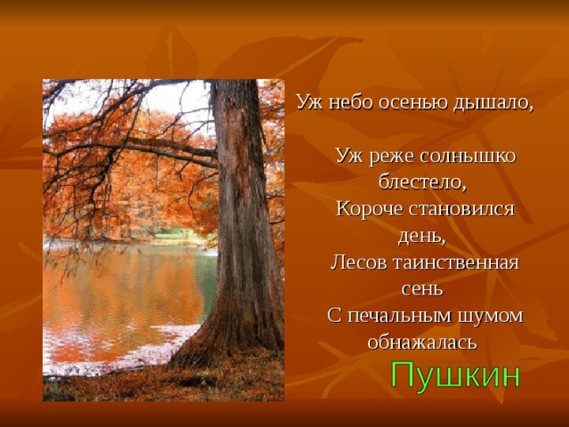 Уж небо осенью дышало,  Уж реже солнышко блестело,  Короче становился день,  Лесов таинственная сень  С печальным шумом обнажалась