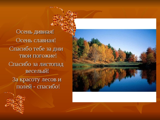 Осень дивная!  Осень славная!  Спасибо тебе за дни твои погожие!  Спасибо за листопад веселый!  За красоту лесов и полей - спасибо!