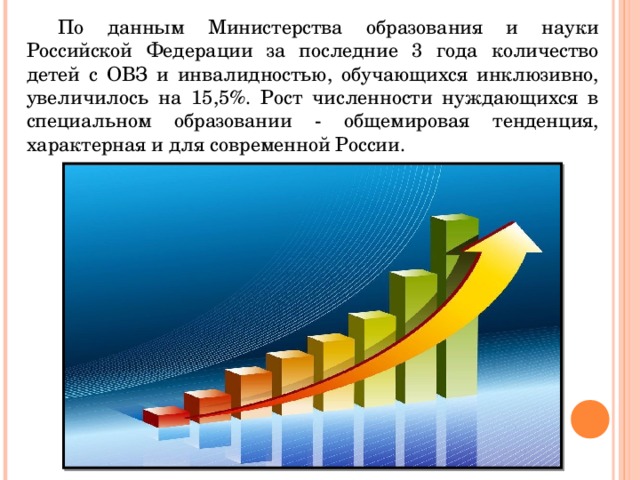 По данным Министерства образования и науки Российской Федерации за последние 3 года количество детей с ОВЗ и инвалидностью, обучающихся инклюзивно, увеличилось на 15,5%. Рост численности нуждающихся в специальном образовании - общемировая тенденция, характерная и для современной России.