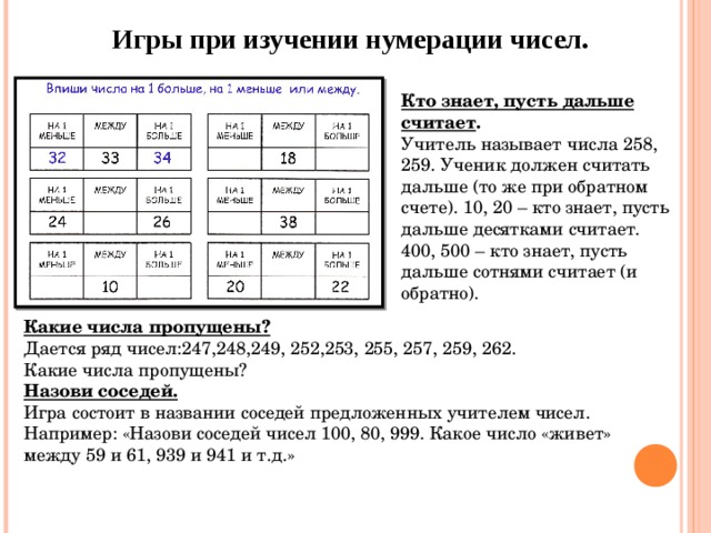 Игры при изучении нумерации чисел. Кто знает, пусть дальше считает . Учитель называет числа 258, 259. Ученик должен считать дальше (то же при обратном счете). 10, 20 – кто знает, пусть дальше десятками считает. 400, 500 – кто знает, пусть дальше сотнями считает (и обратно). Какие числа пропущены? Дается ряд чисел:247,248,249, 252,253, 255, 257, 259, 262. Какие числа пропущены? Назови соседей. Игра состоит в названии соседей предложенных учителем чисел. Например: «Назови соседей чисел 100, 80, 999. Какое число «живет» между 59 и 61, 939 и 941 и т.д.»