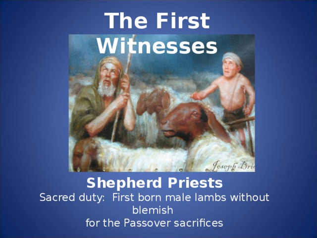 The First Witnesses Shepherd Priests Sacred duty: First born male lambs without blemish for the Passover sacrifices