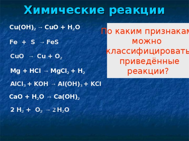 Химические реакции  Cu(OH) 2 →  CuO  +  H 2 O   Fe  +  S  →  FeS   Cu(OH) 2 →  CuO  +  H 2 O   Fe  +  S  →  FeS   CuO  →  Cu  +  O 2   Mg  +  HCl  →  MgCl 2 +  H 2   AlCl 3 +  KOH  →  Al(OH ) 3 +  KCl   CaO  +  H 2 O  →  Ca(OH) 2   2 H 2  +  O 2 → 2 H 2 O          По каким признакам можно классифицировать  приведённые реакции ?