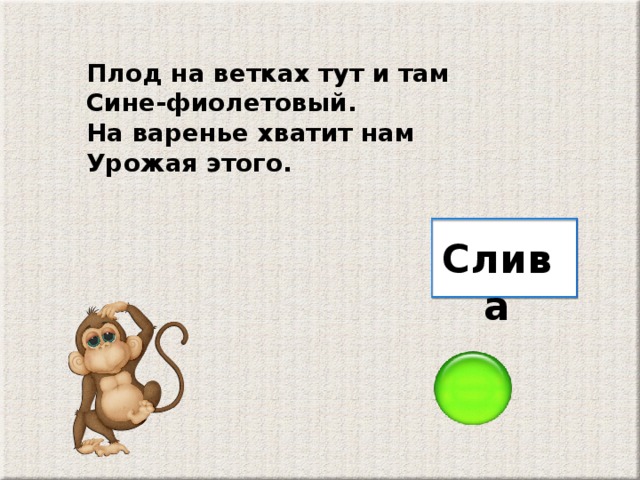Плод на ветках тут и там Сине-фиолетовый. На варенье хватит нам Урожая этого. Слива