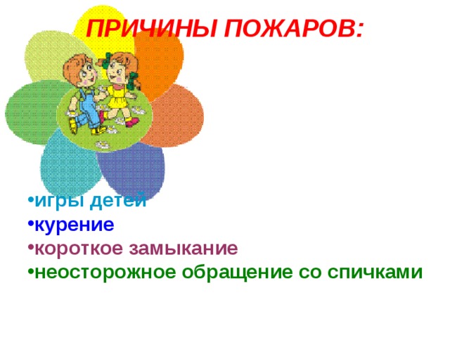 ПРИЧИНЫ ПОЖАРОВ:   игры детей курение короткое замыкание неосторожное обращение со спичками