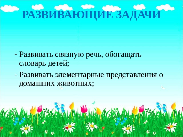 РАЗВИВАЮЩИЕ ЗАДАЧИ   Развивать связную речь, обогащать словарь детей; - Развивать элементарные представления о домашних животных;