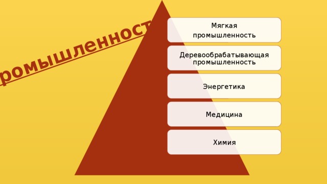 Промышленность Мягкая промышленность Деревообрабатывающая промышленность Энергетика Медицина Химия