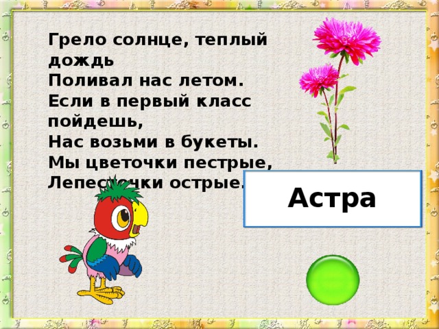 Грело солнце, теплый дождь Поливал нас летом. Если в первый класс пойдешь, Нас возьми в букеты. Мы цветочки пестрые, Лепесточки острые. Астра