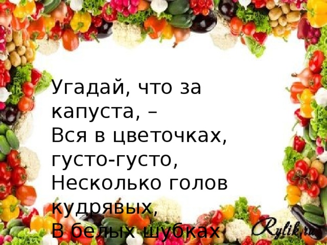 Угадай, что за капуста, – Вся в цветочках, густо-густо, Несколько голов кудрявых, В белых шубках кучерявых.