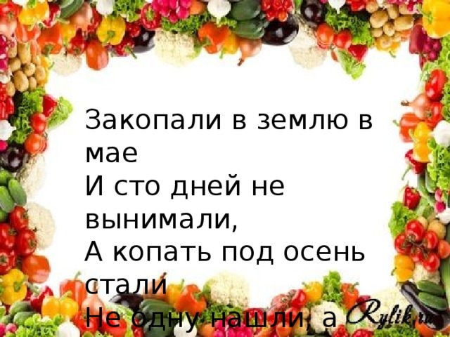 Закопали в землю в мае И сто дней не вынимали, А копать под осень стали Не одну нашли, а десять.