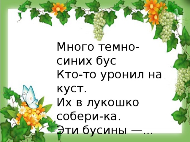 Много темно-синих бус Кто-то уронил на куст. Их в лукошко собери-ка. Эти бусины —...