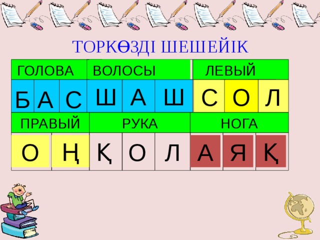 ТОРКӨЗДІ ШЕШЕЙІК ГОЛОВА ВОЛОСЫ  ЛЕВЫЙ Ш Л О Ш А С С А Б НОГА РУКА ПРАВЫЙ Я А Ң Л О Қ О Қ