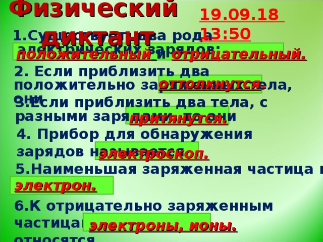 Физический диктант 19.09.18  13:50 Существует два рода электрических зарядов:  положительный  и отрицательный. 2.  Если приблизить два положительно заряженных тела, они оттолкнутся . 3.Если приблизить два тела, с разными зарядами, то они притянутся. 4. Прибор для обнаружения зарядов называется электроскоп. 5.Наименьшая заряженная частица называется электрон. 6.К отрицательно заряженным частицам относятся электроны, ионы.