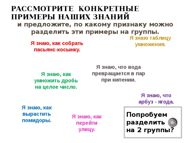 Рассмотрите конкретные примеры наших знаний и предложите, по какому признаку можно разделить эти примеры на группы. Я знаю таблицу умножения. Я знаю, как собрать пасьянс-косынку. Я знаю, что вода превращается в пар при кипении. Я знаю, как умножить дробь на целое число. Я знаю, что арбуз - ягода. Я знаю, как вырастить помидоры.   Попробуем разделить на 2 группы?  Я знаю, как перейти улицу.