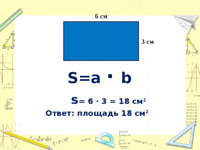 6 см 3 см S=a · b   s = 6 · 3 = 18 см 2 Ответ: площадь 18 см 2