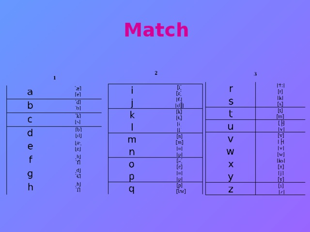 Match  [ɑ:] [k] [r] [s] [t]  [ʌ] [m]  [v]  [v]  [v]  [ʌ]  [w]  [ks]  [j]  [x]  [y]  [s]  [z]  [i]  [dʒ] [ɡ]  [i]  [l]  [n]  [n]  [m]  [p]  [ɒ]  [e]  [n]  [p]  [p]  [kw]  [d]  [æ]