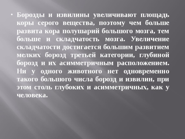 Борозды и извилины увеличивают площадь коры серого вещества, поэтому чем больше развита кора полушарий большого мозга, тем больше и складчатость мозга. Увеличение складчатости достигается большим развитием мелких борозд третьей категории, глубиной борозд и их асимметричным расположением. Ни у одного животного нет одновременно такого большого числа борозд и извилин, при этом столь глубоких и асимметричных, как у человека.