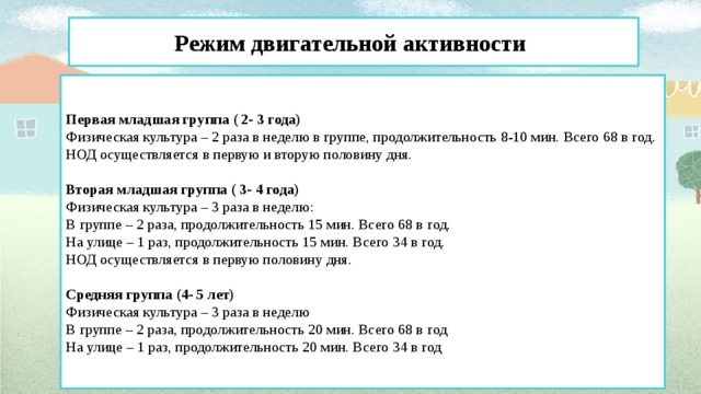 Режим двигательной активности      Первая младшая группа ( 2- 3 года) Физическая культура – 2 раза в неделю в группе, продолжительность 8-10 мин. Всего 68 в год. НОД осуществляется в первую и вторую половину дня. Вторая младшая группа ( 3- 4 года) Физическая культура – 3 раза в неделю: В группе – 2 раза, продолжительность 15 мин. Всего 68 в год. На улице – 1 раз, продолжительность 15 мин. Всего 34 в год. НОД осуществляется в первую половину дня. Средняя группа (4- 5 лет) Физическая культура – 3 раза в неделю В группе – 2 раза, продолжительность 20 мин. Всего 68 в год На улице – 1 раз, продолжительность 20 мин. Всего 34 в год