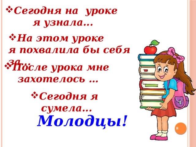 Сегодня на уроке  я узнала... На этом уроке я похвалила бы себя за... После урока мне  захотелось … Сегодня я сумела...