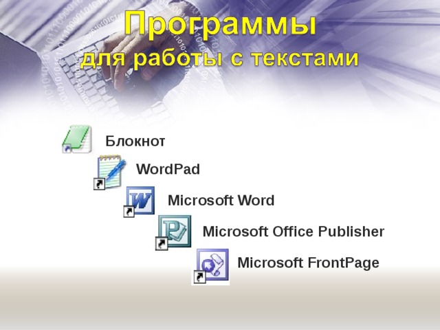 Блокнот WordPad Microsoft Word Microsoft Office Publisher Microsoft FrontPage