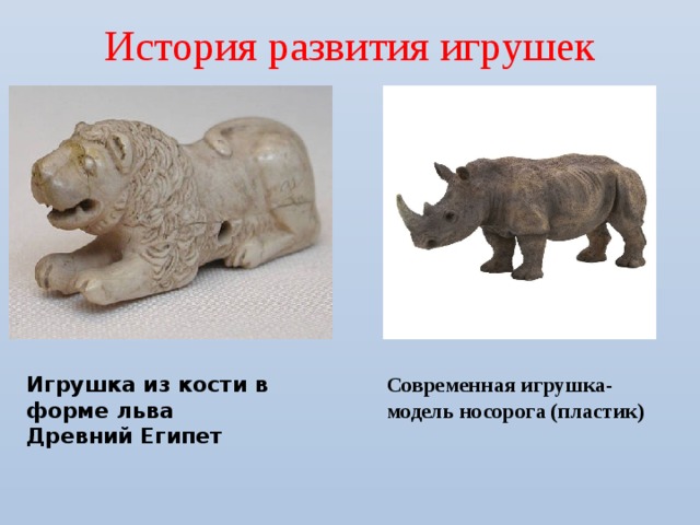 История развития игрушек Игрушка из кости в форме льва Современная игрушка-модель носорога (пластик) Древний Египет
