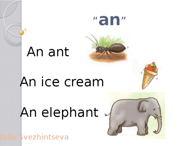 “ an ” An ant An ice cream An elephant Yulia Svezhintseva