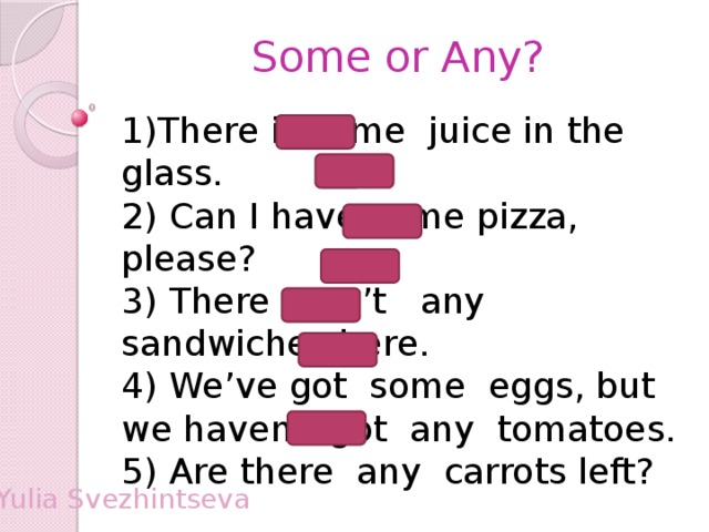Some or Any? 1)There is some juice in the glass. 2) Can I have some pizza, please? 3) There aren’t any sandwiches here. 4) We’ve got some eggs, but we haven’t got any tomatoes. 5) Are there any carrots left? 6) We have some potatoes for lunch. Yulia Svezhintseva