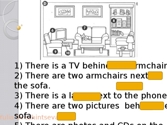 1) There is a TV behind the armchair. 2) There are two armchairs next to the sofa. 3) There is a lamp next to the phone. 4) There are two pictures behind the sofa. 5) There are photos and CDs on the shelves. 6) There is a table in front of the sofa. Yulia Svezhintseva