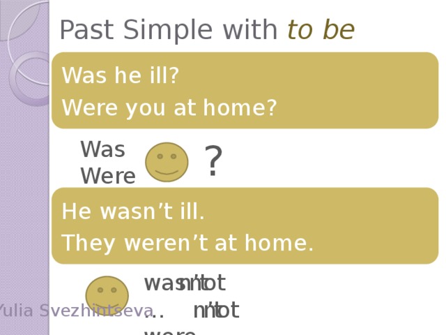 Past Simple with to be Was he ill? Were you at home? Was ? Were He wasn’t ill. They weren’t at home. was …  not n’t were …  not  n’t Yulia Svezhintseva