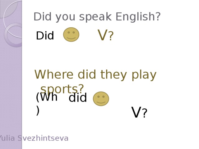 Did you speak English?  V ? Where did they play sports?  V ? Did did (Wh) Yulia Svezhintseva